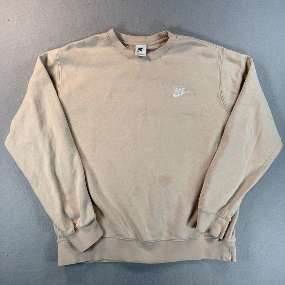 Nike Mens Crewneck Sweatshirt Tan Beige Embroidered Logo Fleece Pullover Large